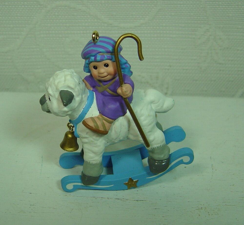 VINTAGE HALLMARK ORNAMENT-PLAYFUL SHEPHERD ON ROCKING SHEEP-1997